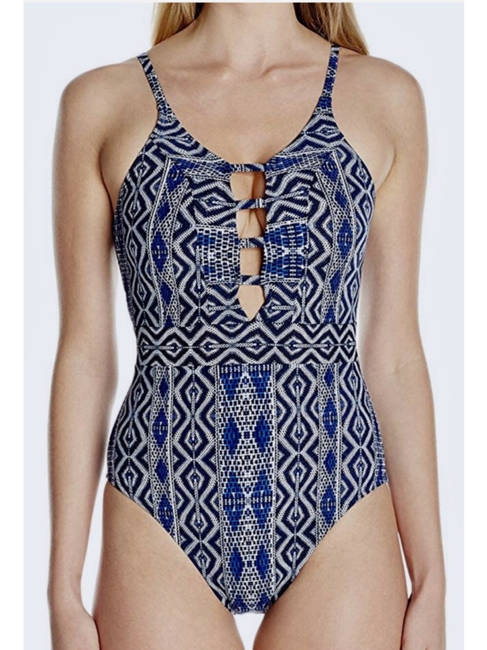 La Blanca Classic Blue Patterned One-Piece Swimsuit with Front Cutouts Size 8